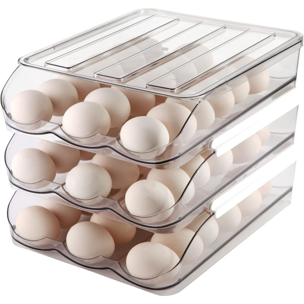 MesRosa 3 Layer Rolling Egg Holder for Fridge Clear Plastic Storage Bin 54 Eggs